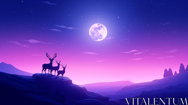 Tranquil Night Landscape with Deer and Moon AI Image