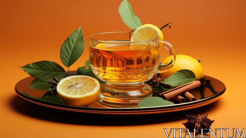 Warm Tea with Lemon on Golden Tray AI Image