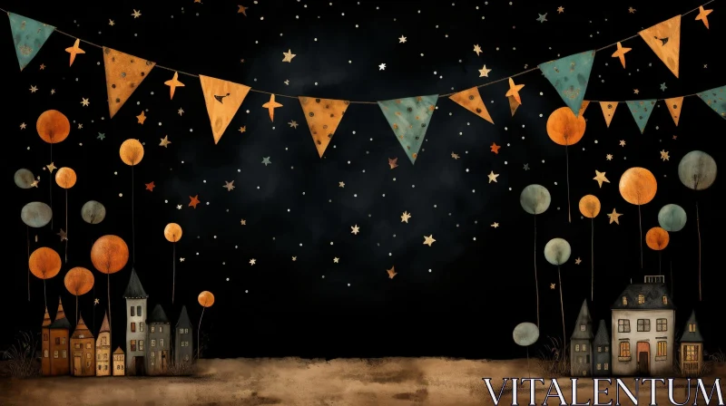 AI ART Whimsical Night Sky with Stars and Colorful Balloons