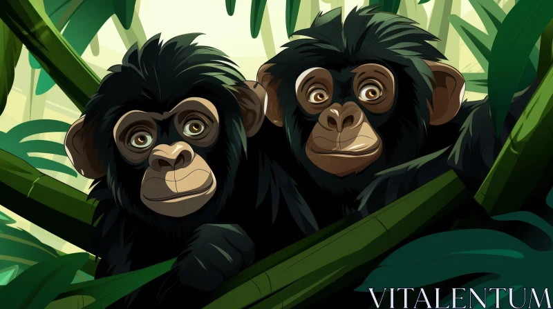 Adorable Chimpanzees in Jungle - Curious Cartoonish Scene AI Image