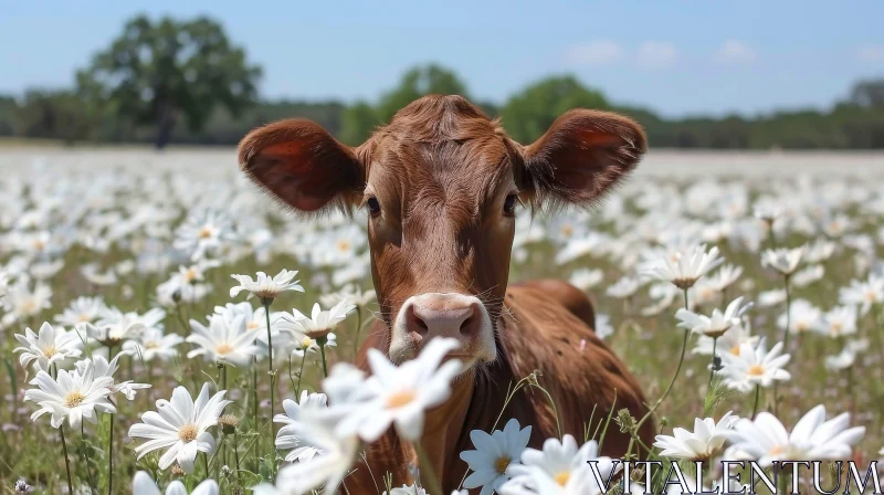 Brown Cow in Field of Daisies AI Image