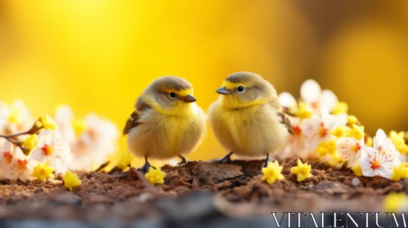 Charming Yellow Birds with Flowers in Spring - A Dreamy Scene AI Image