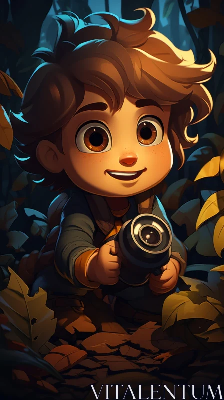 Charming Young Boy in Forest Cartoon Illustration AI Image
