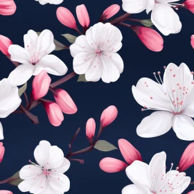 Cherry Blossom Floral Pattern on Blue Background
