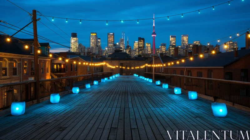 Cityscape Night View: Illuminated Wooden Bridge AI Image