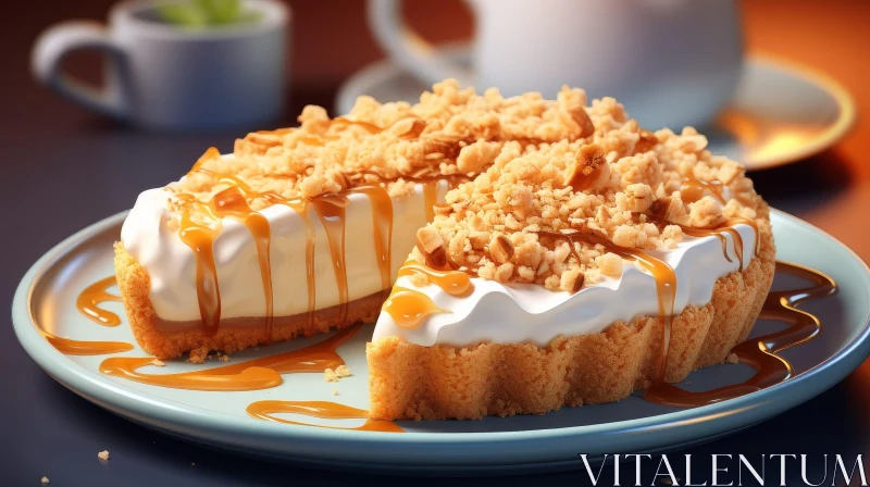 Delicious Cheesecake with Caramel Topping on Blue Plate AI Image