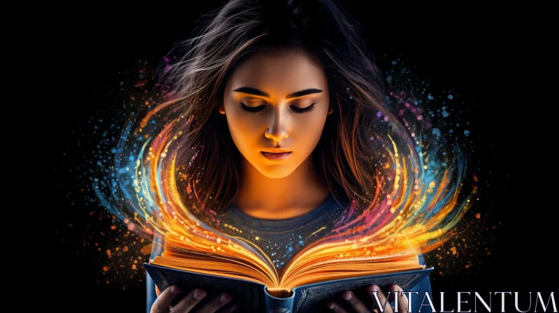 Enchanting Woman Reading Book Under Colorful Light AI Image