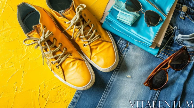 Fashion Still Life: Yellow Sneakers, Sunglasses, Wallet, and Jeans AI Image