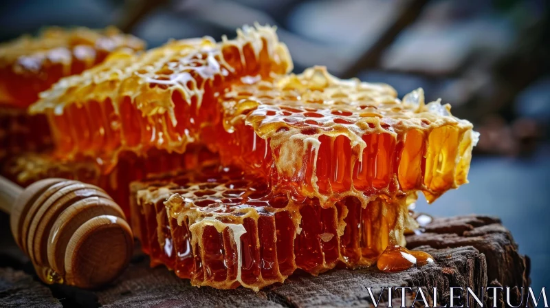 Golden Brown Honeycomb on Wooden Surface with Dripping Amber Honey AI Image