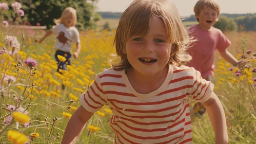 Happy Children Running in Flower Field