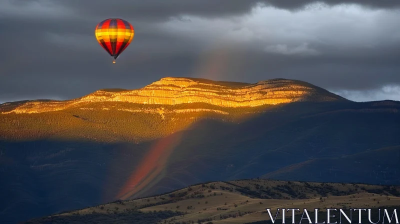 Hot Air Balloon Flight Over Snowy Mountain Range AI Image