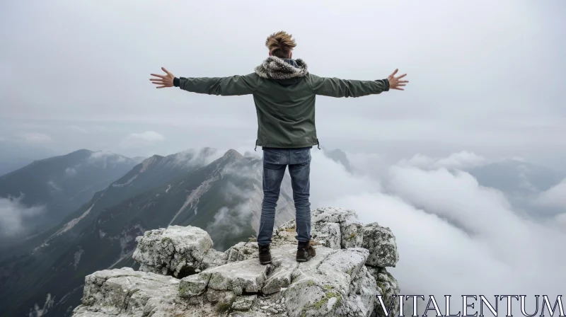 Man Standing on Mountaintop with Scenic View AI Image