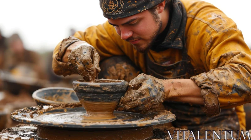 Masterful Pottery Creation: Artisan Crafts a Clay Pot on a Pottery Wheel AI Image