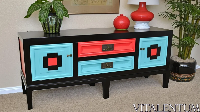Mid-Century Modern Sideboard with Teal Accents | Abstract Art AI Image