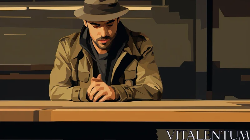 Pensive Man in Hat and Coat - Digital Painting AI Image