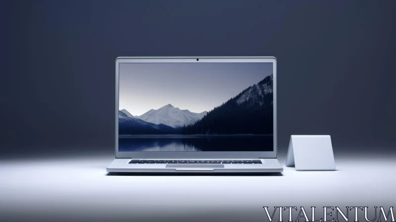 AI ART Product Shot: Laptop with Mountain Landscape Display