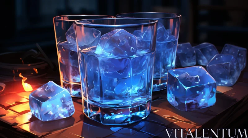 AI ART Refreshing Water Glasses on Wooden Table with Ice Cubes