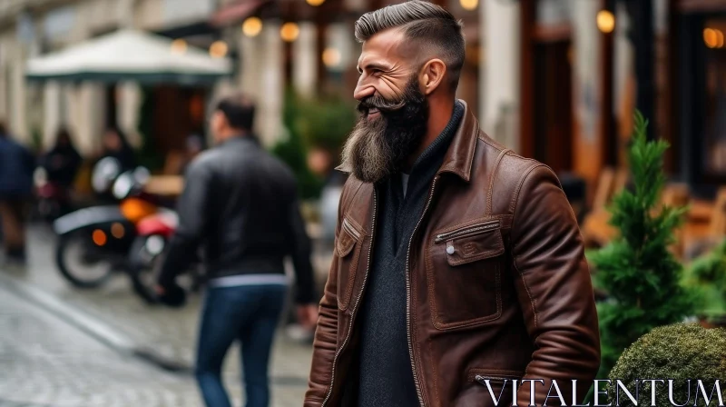 Smiling Man in Brown Leather Jacket on City Street AI Image