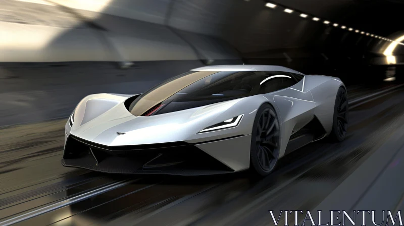 AI ART Speeding Through the Tunnel - Futuristic Silver Sports Car