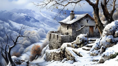 Tranquil Mountain Stone House Painting