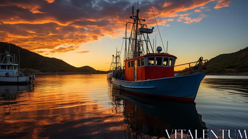 Tranquil Sunset Scene: Fishing Boats in Calm Harbor AI Image