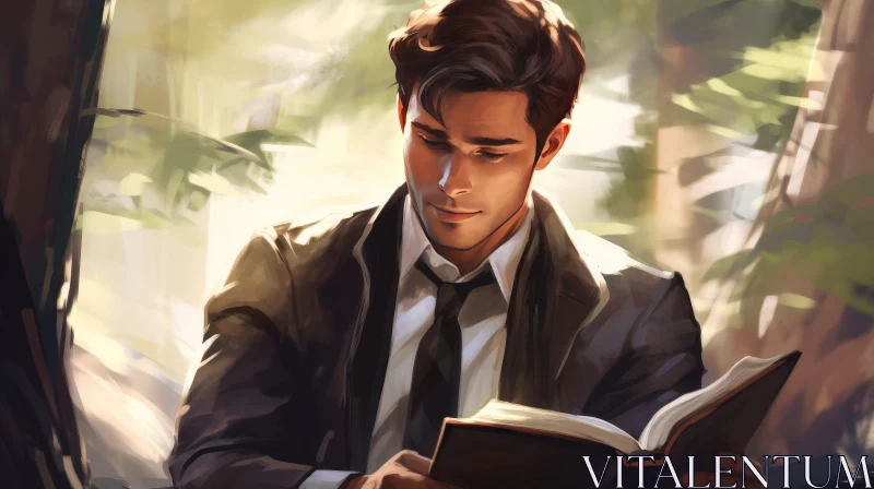 Young Man Reading a Book Outdoors AI Image