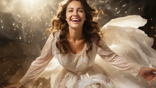 Young Woman with Angel Wings in White Dress