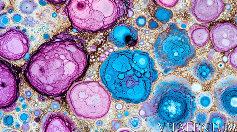 Abstract Painting with Pink, Blue, and Gold Bubbles