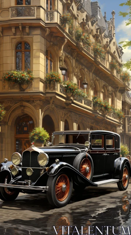 Classic Black Car Painting at Grand Building AI Image