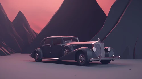 Classic Car 3D Rendering in Mountainous Landscape at Sunset