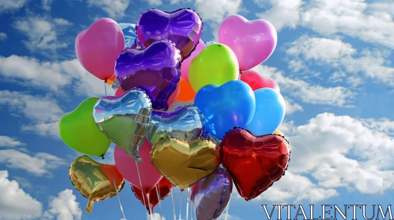 Colorful Heart-Shaped Balloons in the Blue Sky AI Image