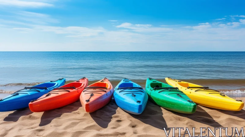 Colorful Kayaks on Sandy Lakeshore AI Image