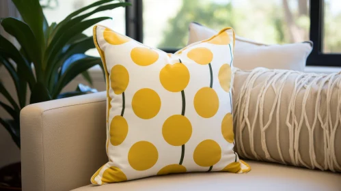 Cozy Home Setting: White Sofa with Yellow Polka Dot Pillows
