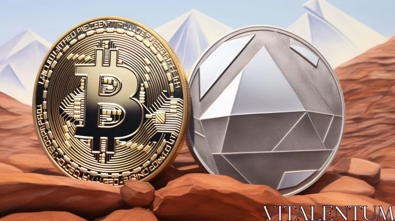AI ART Cryptocurrency Coins Bitcoin Ethereum Desert Landscape