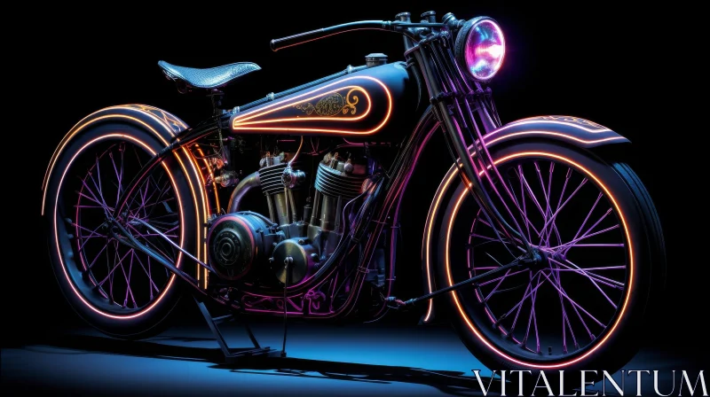 Custom Motorcycle 3D Rendering with Purple Neon Lights AI Image