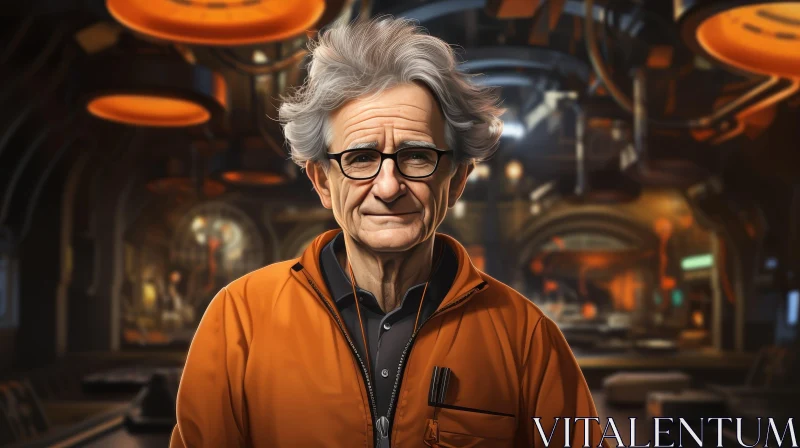 Elderly Man in Orange Jacket | Space Interior Background AI Image