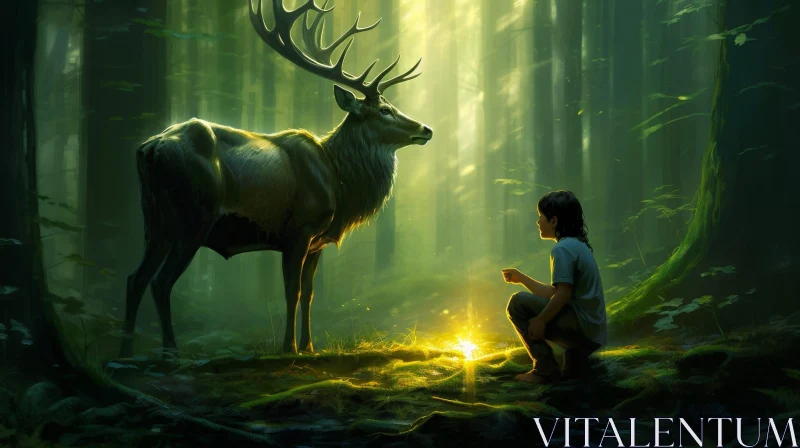 Enchanting Encounter: Boy and Deer in Forest AI Image