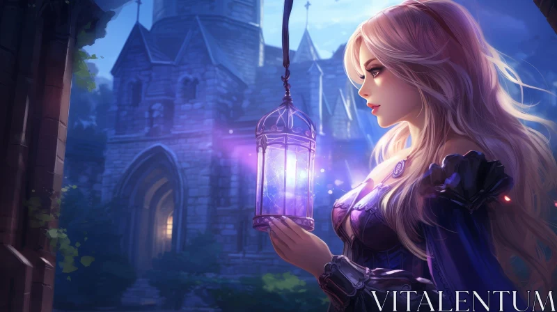 Enchanting Woman in Purple Dress at Castle AI Image