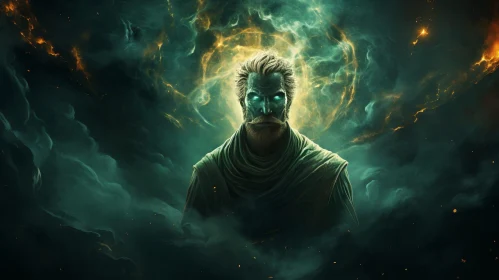 Enigmatic Man in Green Robe with Yellow Aura