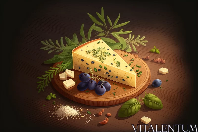 Exquisite Cheese on Wooden Board - Detailed Foliage Illustration AI Image