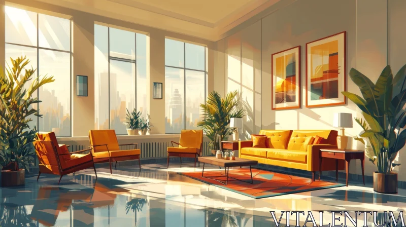Modern Living Room Digital Painting: Elegant and Inviting Interior AI Image