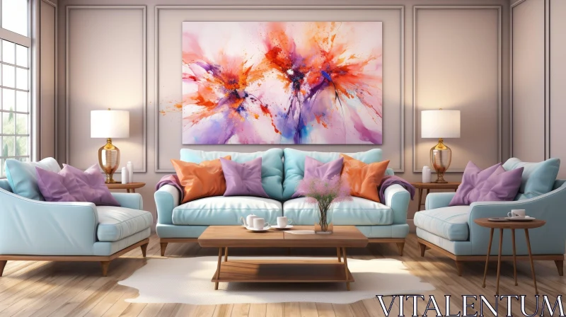 AI ART Modern Living Room Interior with Blue Sofa and Abstract Painting