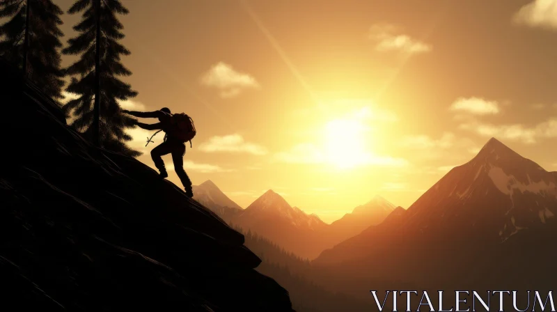 Mountain Climber Ascending Steep Rock Face at Sunset AI Image