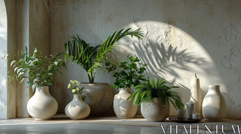Peaceful Still Life with Vases and Plants on a Wooden Table AI Image