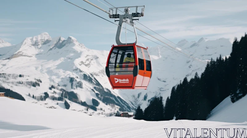 Red Cable Car in Snow-Covered Mountain Landscape AI Image