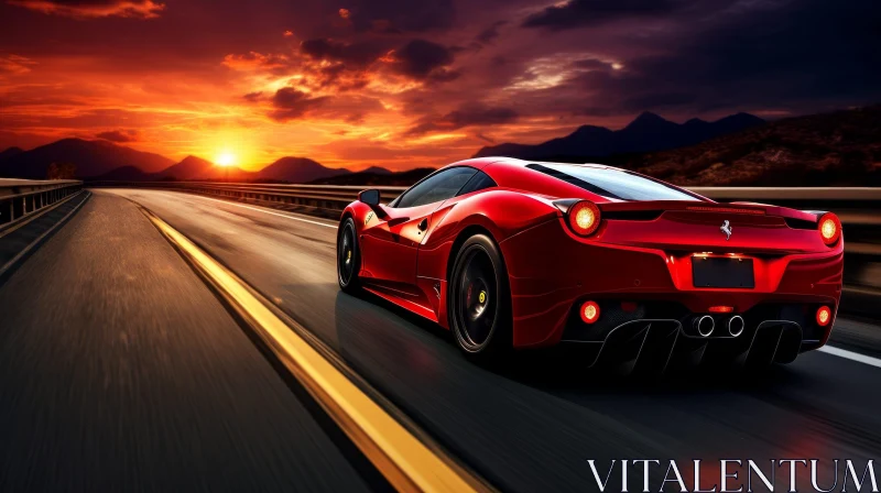 Red Ferrari 458 Italia Driving on Asphalt Road at Sunset AI Image