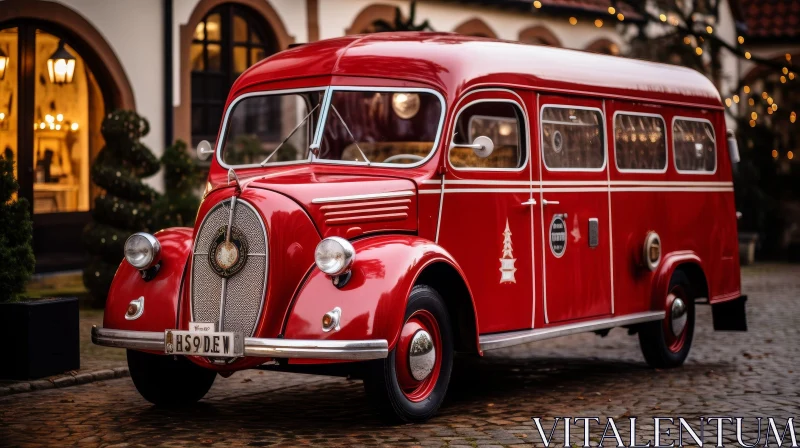 Red Vintage Bus on Cobblestone Street AI Image