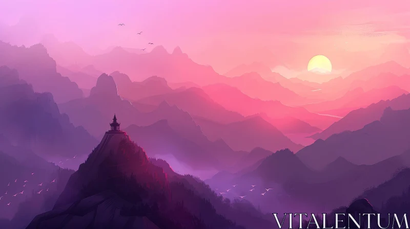 Serene Mountain Landscape in Purple and Pink AI Image