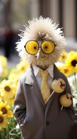 Whimsical Owl in Suit amidst Flower Power Backdrop