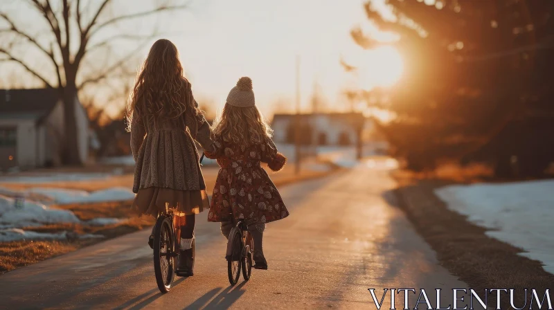 Winter Biking: Two Girls Enjoying a Sunset Ride AI Image